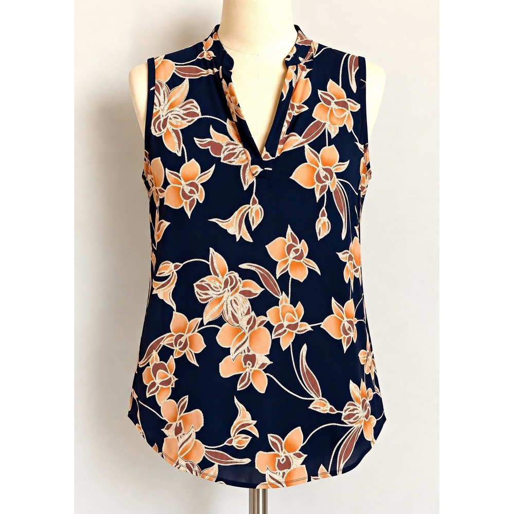 SJS Womens M Blue Beige Floral V-Neck Sleeveless Stretch Knit Blouse